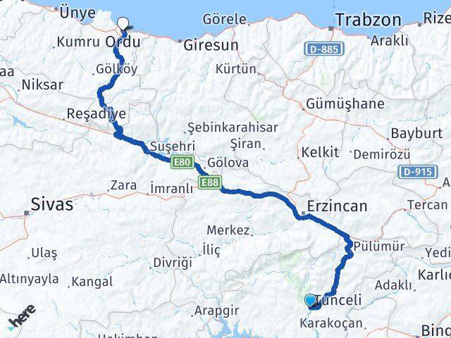 Tunceli Altınordu Arası Kaç Km - Yol Haritası