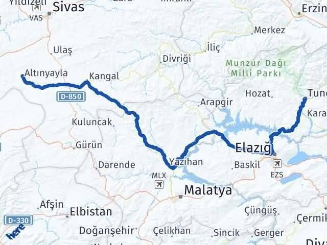 Tunceli Altınyayla Sivas Arası Kaç Km - Yol Haritası
