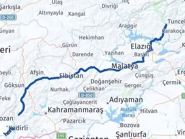 Tunceli Andırın Kahramanmaraş Arası Kaç Km - Yol Haritası