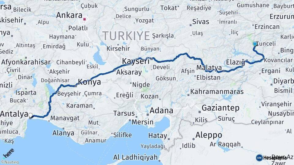 Tunceli Antalya Arası Kaç Km - Yol Haritası