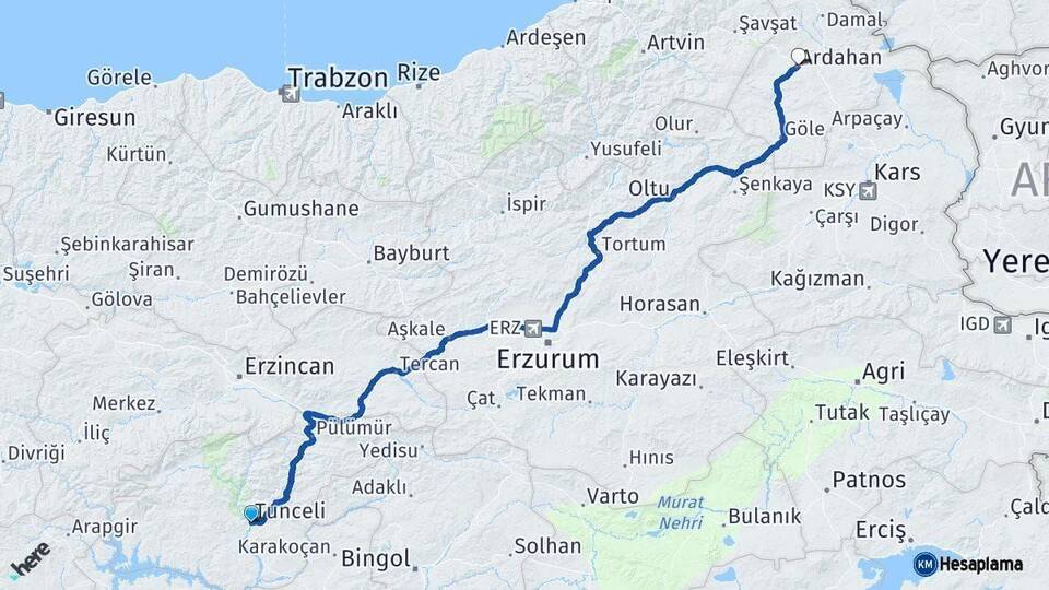 Tunceli Ardahan Arası Kaç Km - Yol Haritası