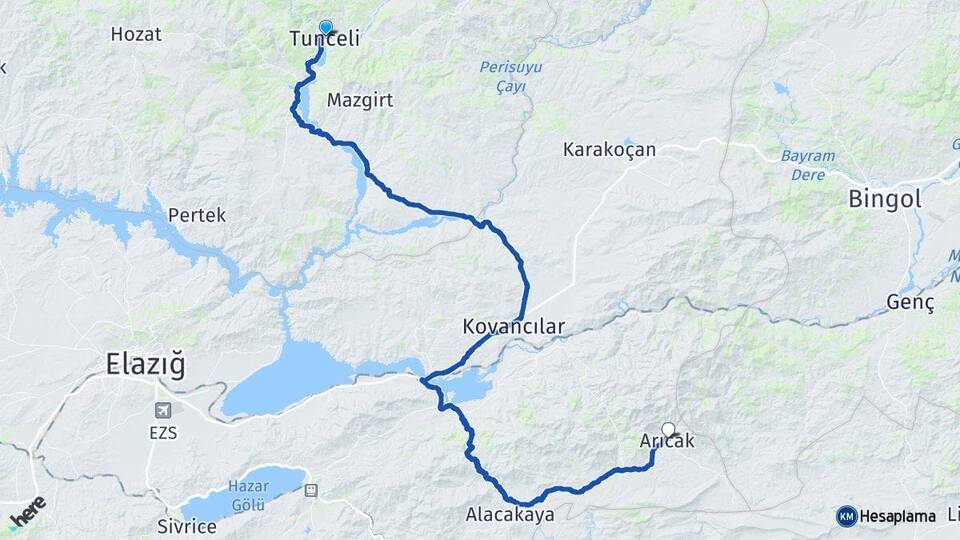 Tunceli Arıcak Elazığ Arası Kaç Km - Yol Haritası