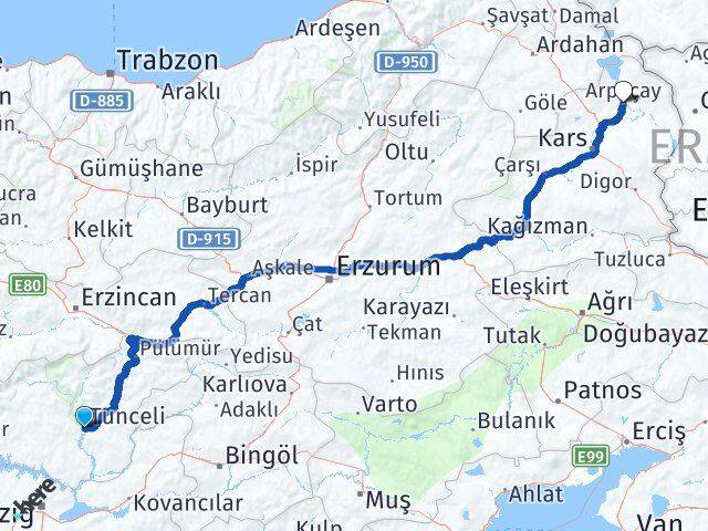 Tunceli Arpaçay Kars Arası Kaç Km - Yol Haritası
