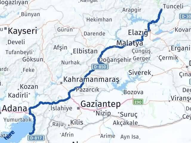 Tunceli Arsuz Hatay Arası Kaç Km - Yol Haritası