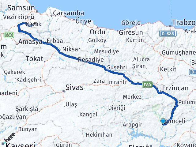 Tunceli Asarcık Samsun Arası Kaç Km - Yol Haritası
