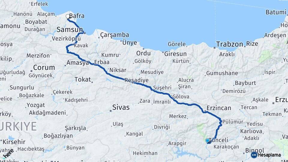 Tunceli Bafra Samsun Arası Kaç Km - Yol Haritası