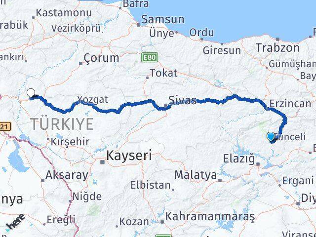 Tunceli Balışeyh Kırıkkale Arası Kaç Km - Yol Haritası