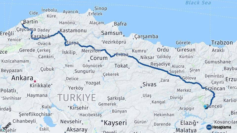 Tunceli Bartın Arası Kaç Km - Yol Haritası