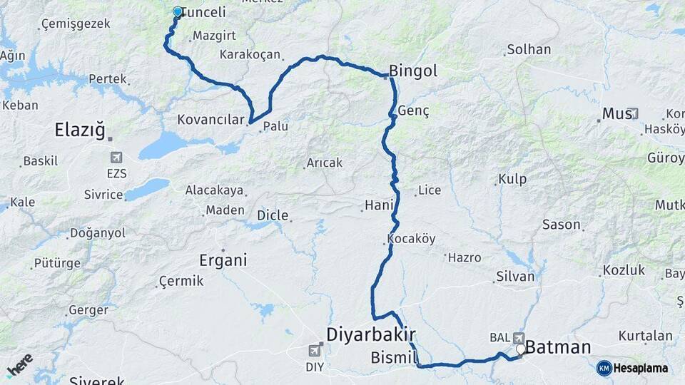 Tunceli Batman Arası Kaç Km - Yol Haritası