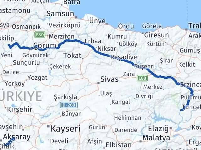 Tunceli Bayat Çorum Arası Kaç Km - Yol Haritası