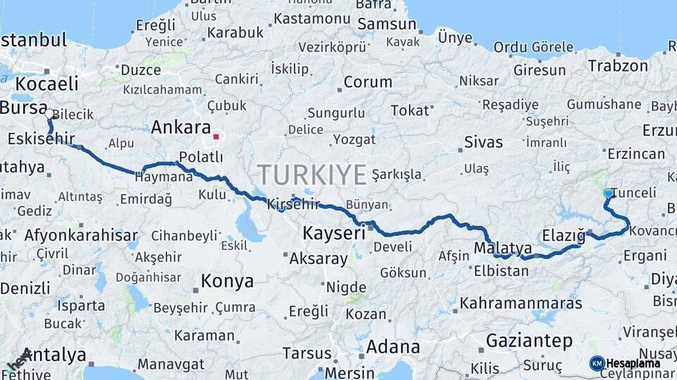 Tunceli Bilecik Arası Kaç Km - Yol Haritası