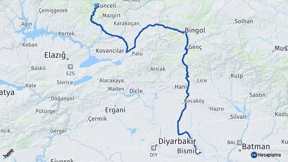 Tunceli Bismil Diyarbakır Arası Kaç Km - Yol Haritası