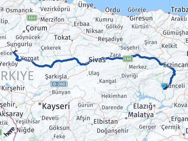 Tunceli Boğazkale Çorum Arası Kaç Km - Yol Haritası