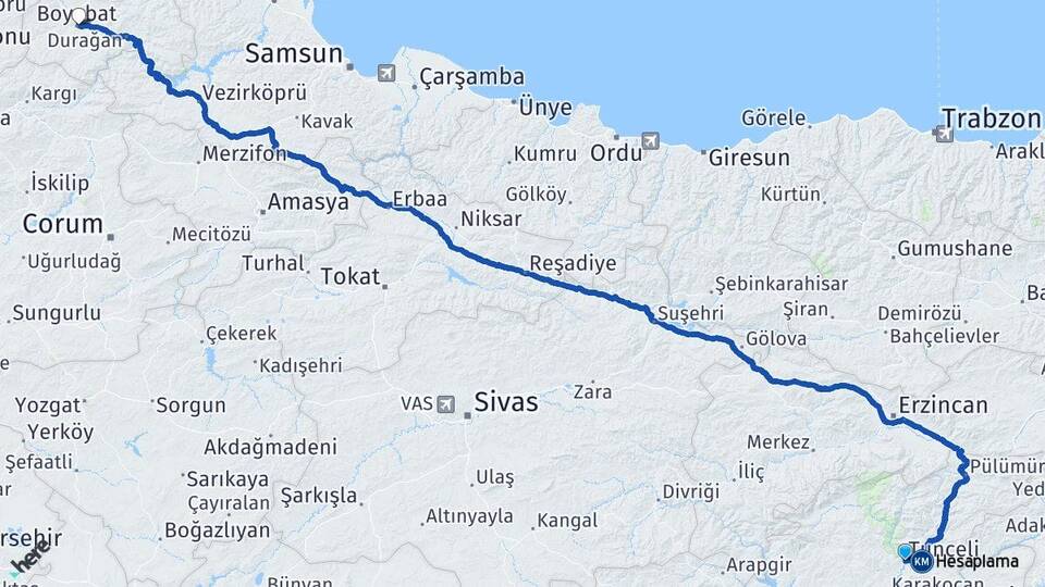 Tunceli Boyabat Sinop Arası Kaç Km - Yol Haritası