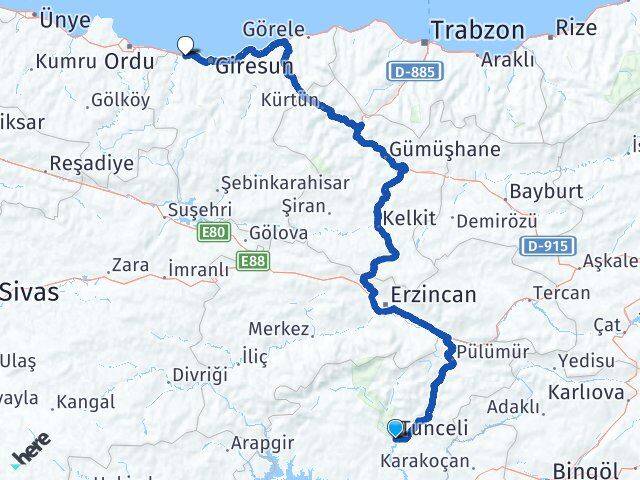 Tunceli Bulancak Giresun Arası Kaç Km - Yol Haritası