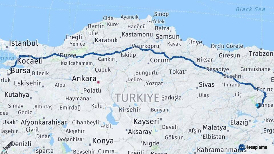 Tunceli Bursa Arası Kaç Km - Yol Haritası