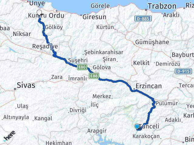 Tunceli Çamaş Ordu Arası Kaç Km - Yol Haritası
