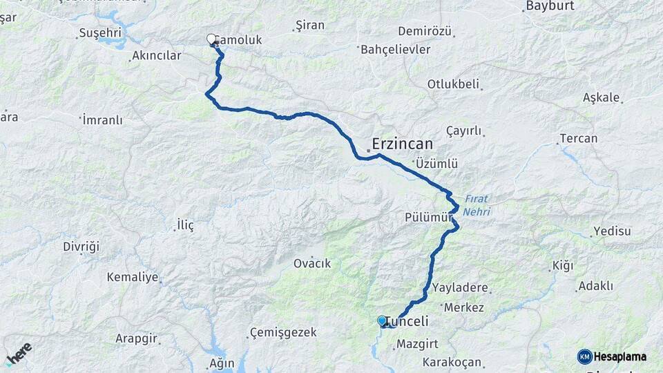 Tunceli Çamoluk Giresun Arası Kaç Km - Yol Haritası