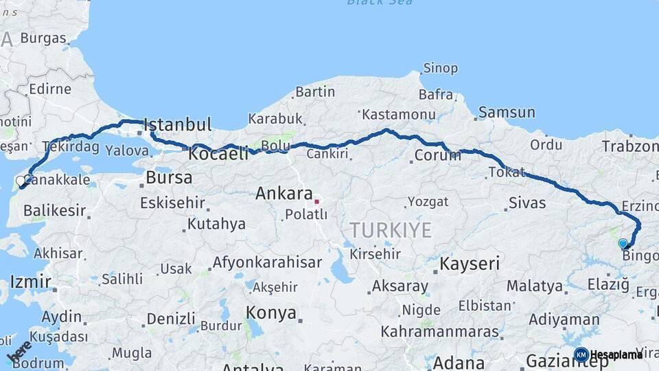 Tunceli Çanakkale Arası Kaç Km - Yol Haritası