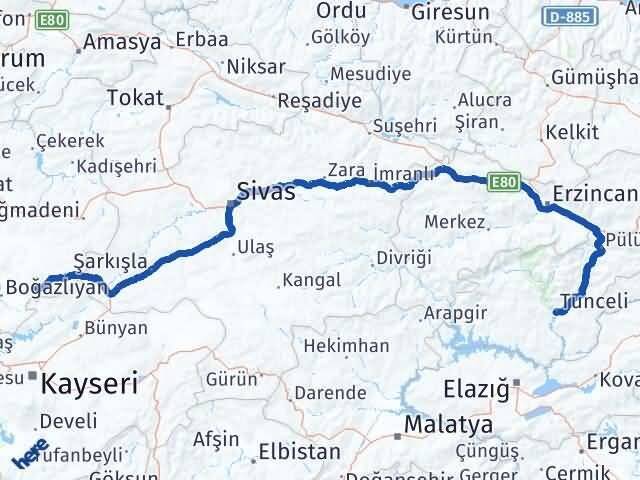Tunceli Çandır Yozgat Arası Kaç Km - Yol Haritası