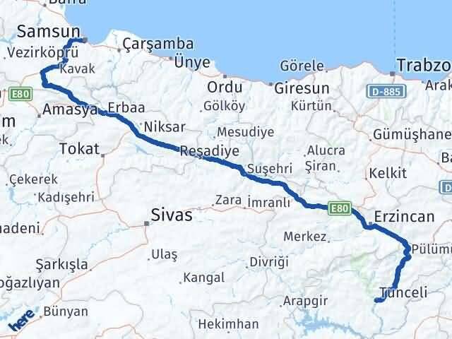 Tunceli Canik Samsun Arası Kaç Km - Yol Haritası