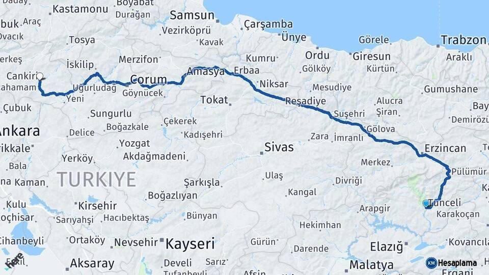 Tunceli Çankırı Arası Kaç Km - Yol Haritası