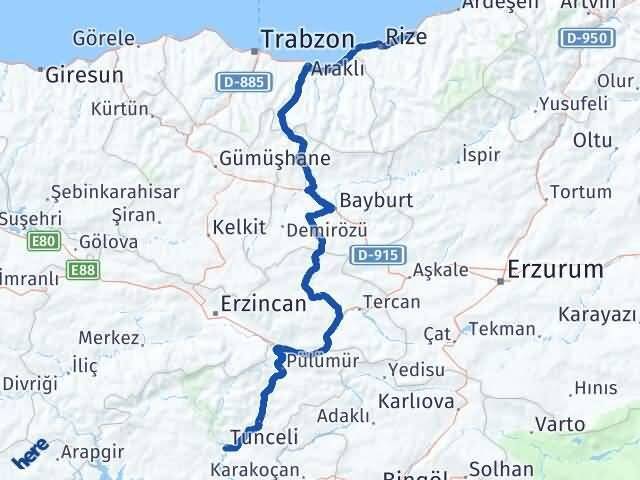 Tunceli Çayeli Rize Arası Kaç Km - Yol Haritası