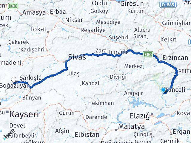 Tunceli Çayıralan Yozgat Arası Kaç Km - Yol Haritası