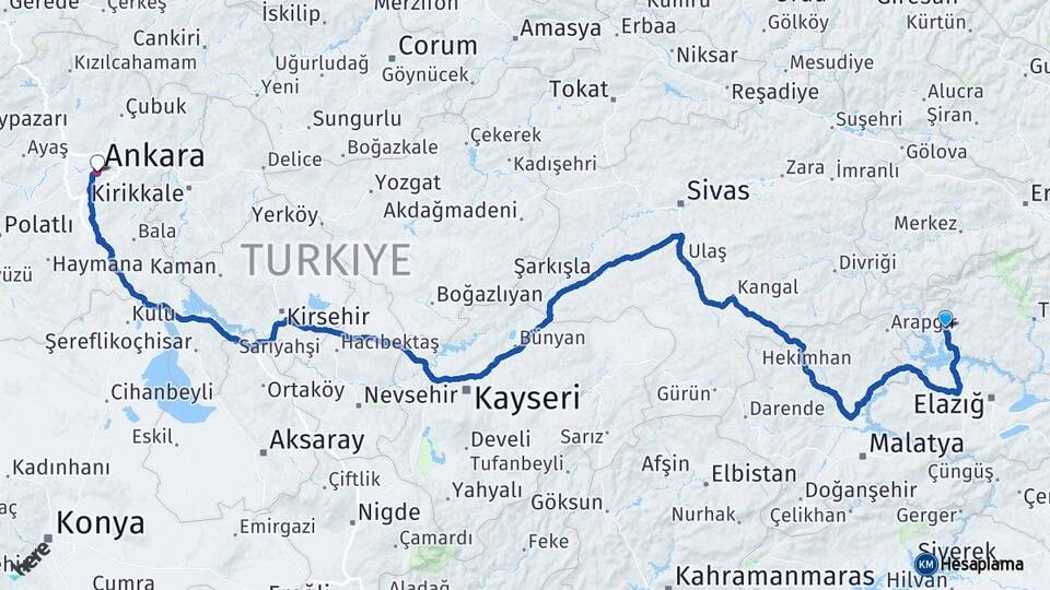 Tunceli Çemişgezek Ankara Arası Kaç Km - Yol Haritası