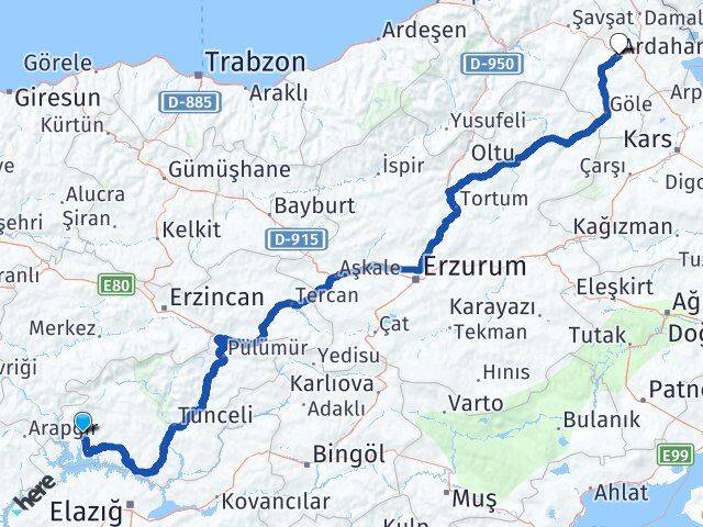 Tunceli Çemişgezek Ardahan Arası Kaç Km - Yol Haritası