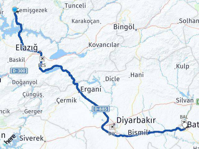Tunceli Çemişgezek Batman Arası Kaç Km - Yol Haritası