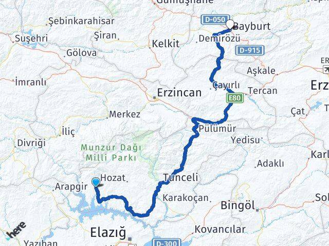 Tunceli Çemişgezek Bayburt Arası Kaç Km - Yol Haritası