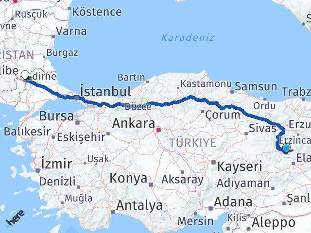 Tunceli Çemişgezek Edirne Arası Kaç Km - Yol Haritası