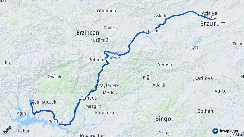 Tunceli Çemişgezek Erzurum Arası Kaç Km - Yol Haritası