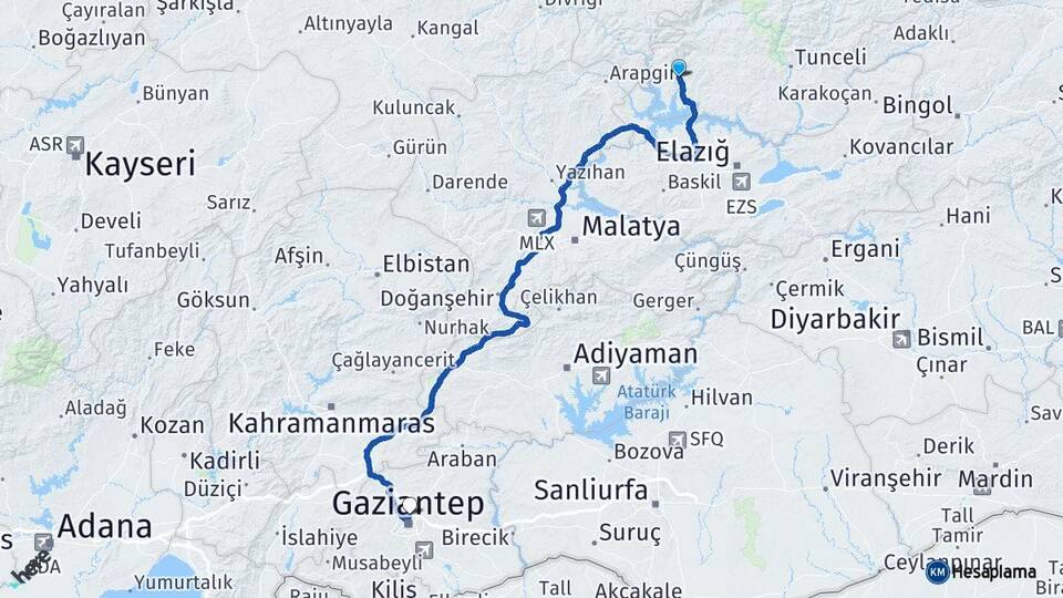 Tunceli Çemişgezek Gaziantep Arası Kaç Km - Yol Haritası