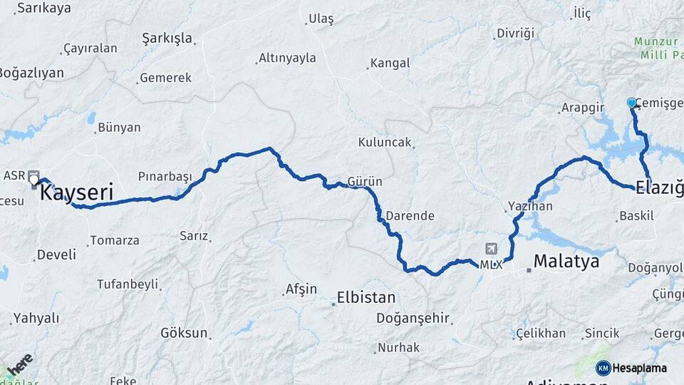 Tunceli Çemişgezek Kayseri Arası Kaç Km - Yol Haritası