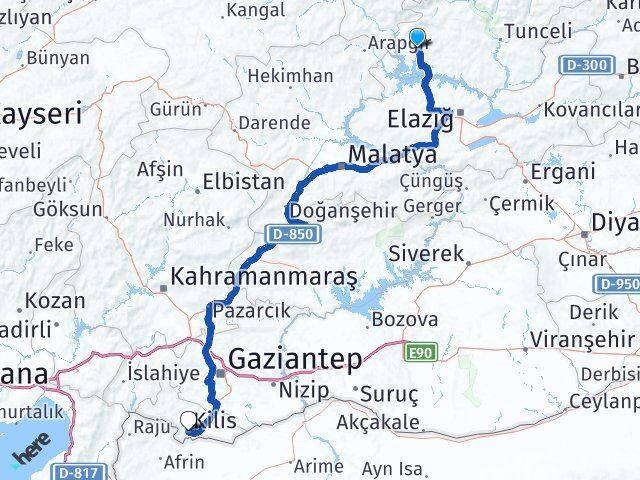 Tunceli Çemişgezek Kilis Arası Kaç Km - Yol Haritası