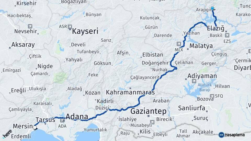 Tunceli Çemişgezek Mersin Arası Kaç Km - Yol Haritası