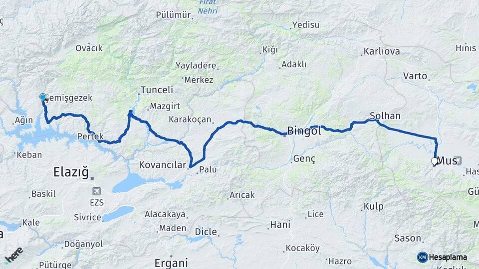 Tunceli Çemişgezek Muş Arası Kaç Km - Yol Haritası