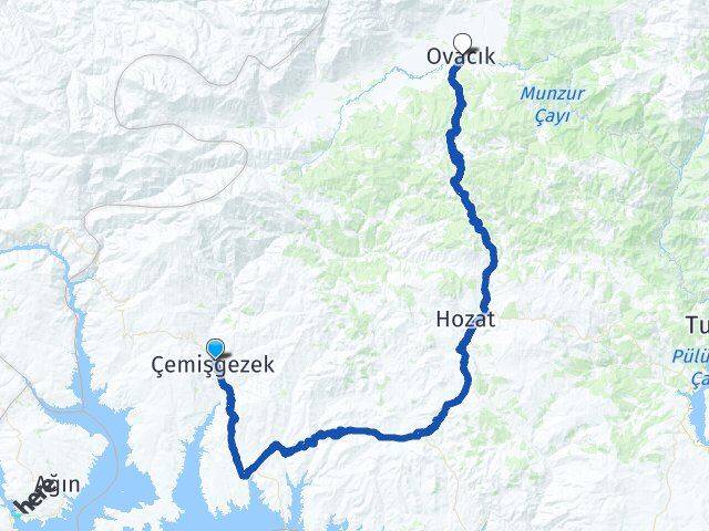Tunceli Çemişgezek Ovacık Arası Kaç Km - Yol Haritası