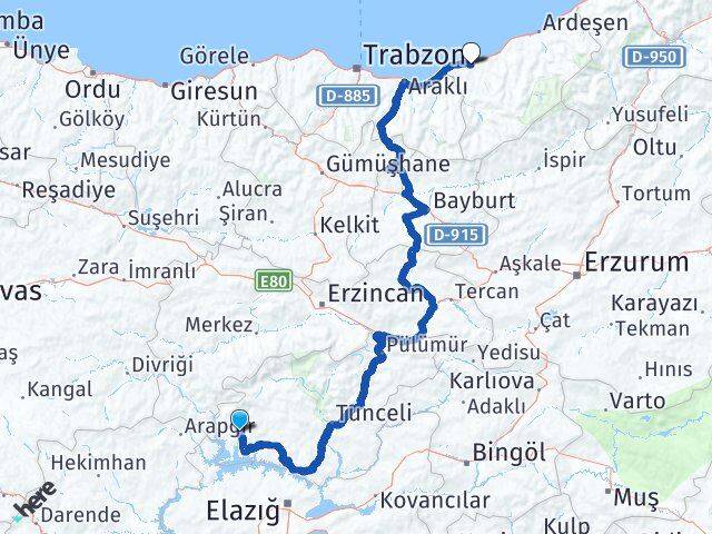 Tunceli Çemişgezek Rize Arası Kaç Km - Yol Haritası