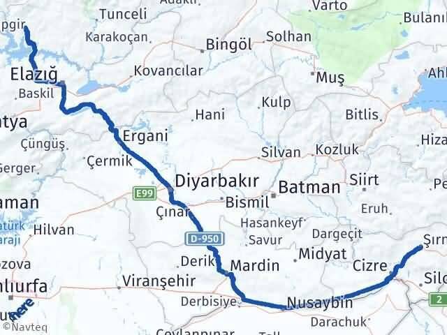 Tunceli Çemişgezek Şırnak Arası Kaç Km - Yol Haritası