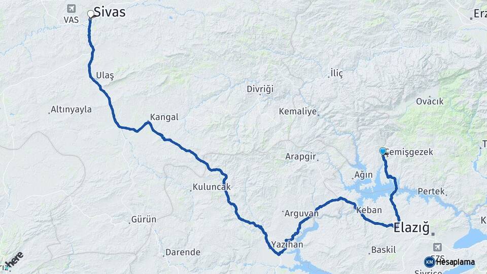 Tunceli Çemişgezek Sivas Arası Kaç Km - Yol Haritası