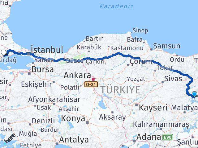 Tunceli Çemişgezek Tekirdağ Arası Kaç Km - Yol Haritası