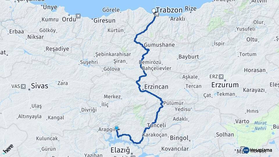 Tunceli Çemişgezek Trabzon Arası Kaç Km - Yol Haritası