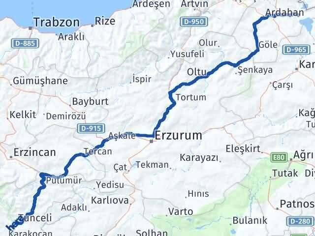 Tunceli Çıldır Ardahan Arası Kaç Km - Yol Haritası