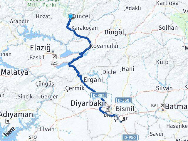 Tunceli Çınar Diyarbakır Arası Kaç Km - Yol Haritası