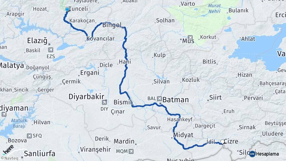 Tunceli Cizre Şırnak Arası Kaç Km - Yol Haritası