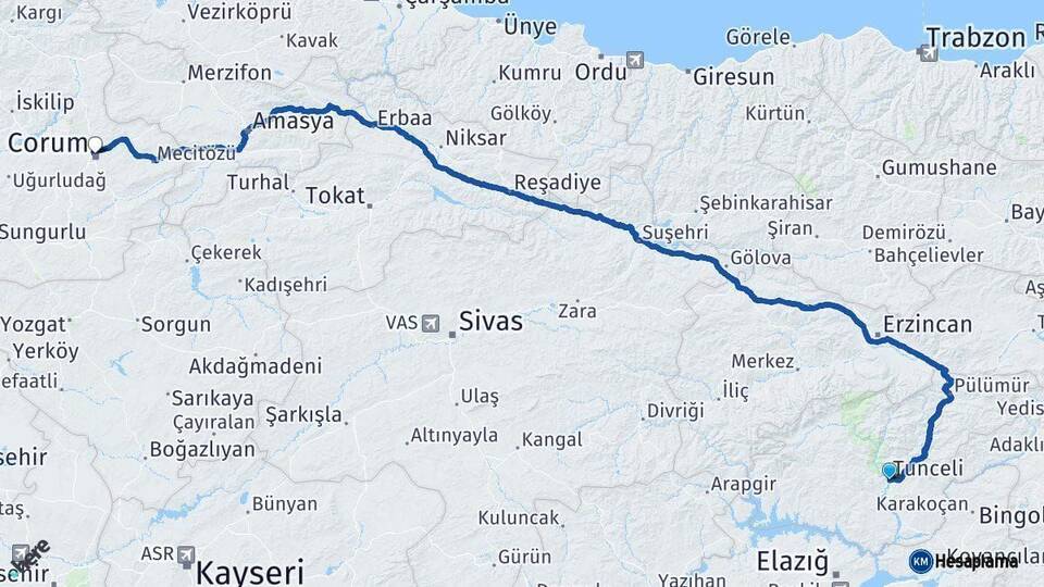 Tunceli Çorum Arası Kaç Km - Yol Haritası