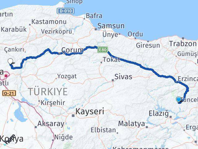 Tunceli Çubuk Ankara Arası Kaç Km - Yol Haritası
